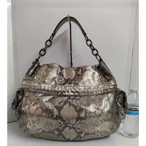 Coach Kristin Gray Leather Snakeskin Printed Chain Strap Hobo Shoulder Bag - Picture 2 of 12